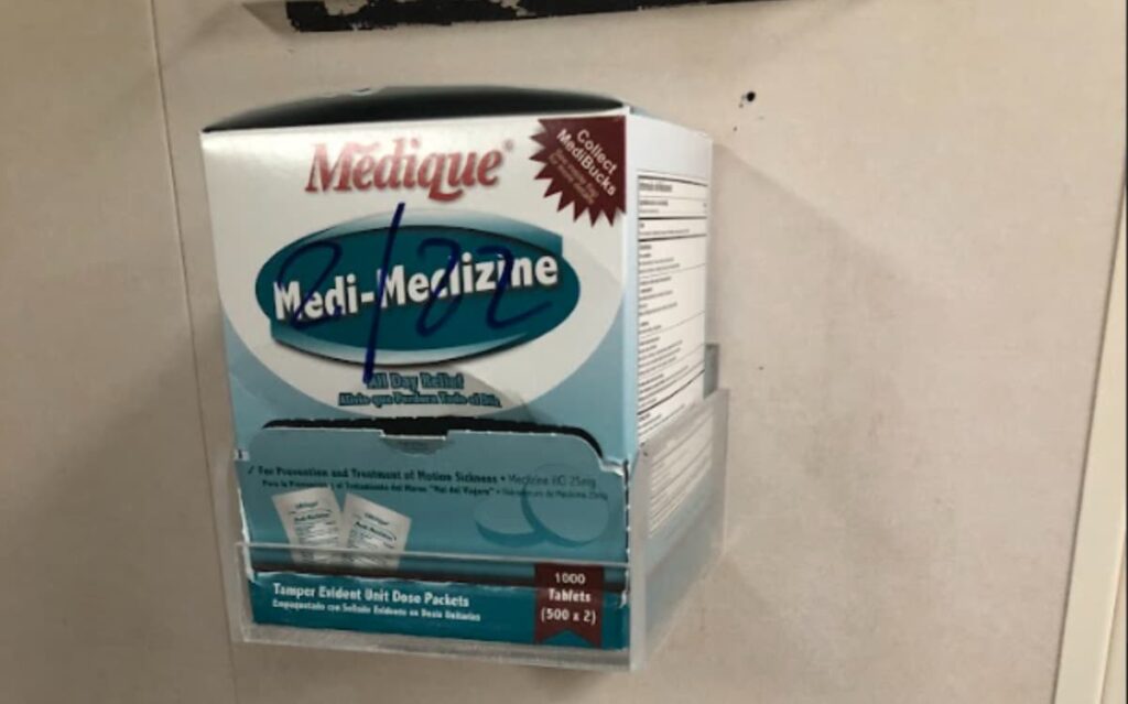 Box of Medi-Meclizine medication for motion sickness, indicating cruise ship cabin amenities for passenger comfort and wellbeing.