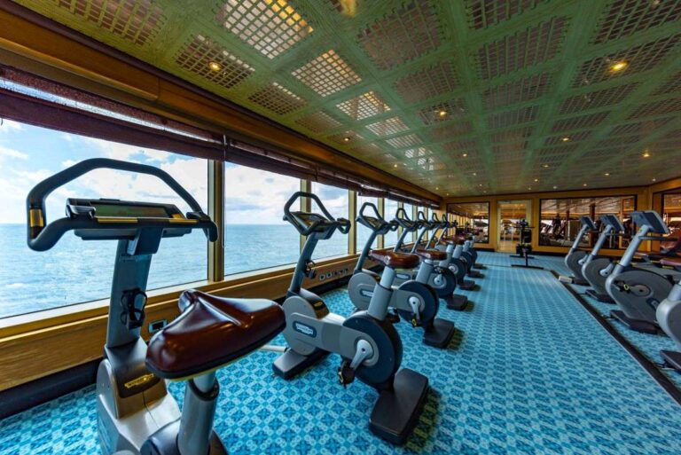 The image features the fitness center aboard the Carnival Luminosa, lined with a row of stationary bikes facing out toward the ocean. The spacious gym with its panoramic windows allows for an immersive workout experience with expansive sea views, under a decorative ceiling that adds a touch of elegance to the exercise environment.