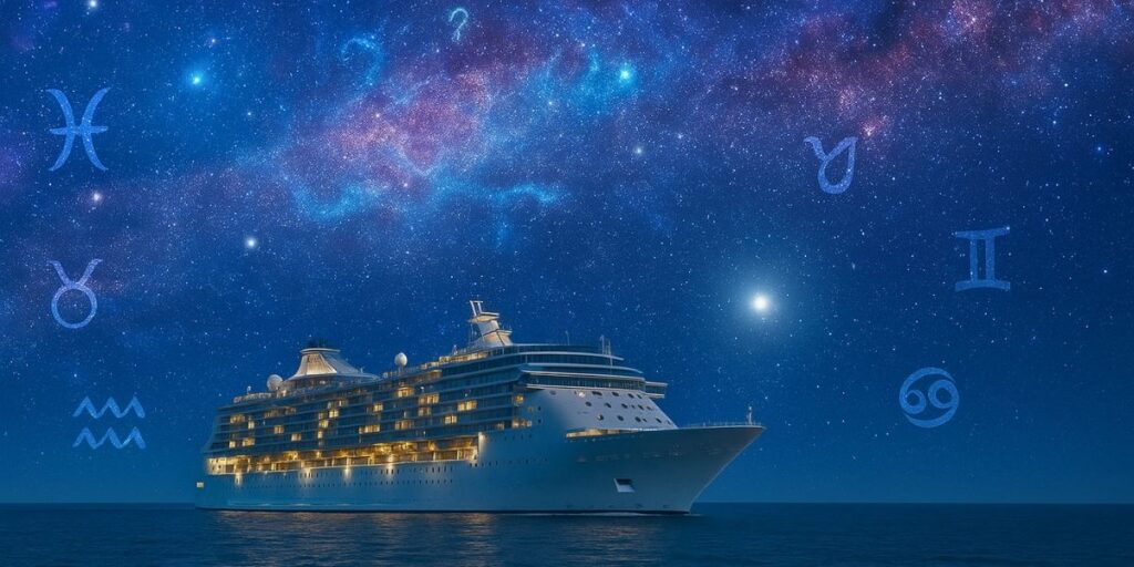 A large cruise ship illuminated at night sails under a star-filled sky with vibrant constellations and zodiac symbols like Pisces, Taurus, Aquarius, Gemini, and Cancer faintly glowing in the background. The scene evokes a mystical, astrology-inspired atmosphere, suggesting a celestial journey by sea.
