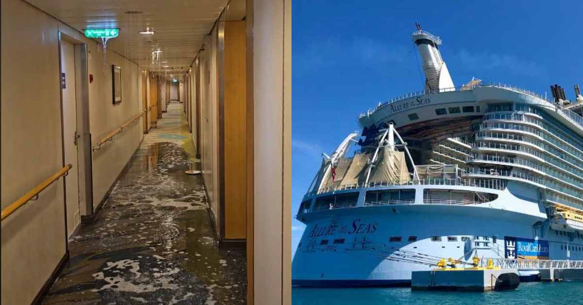 A photo of the flood on Royal Caribbean's Allure of the Seas and another photo the ship next to it.