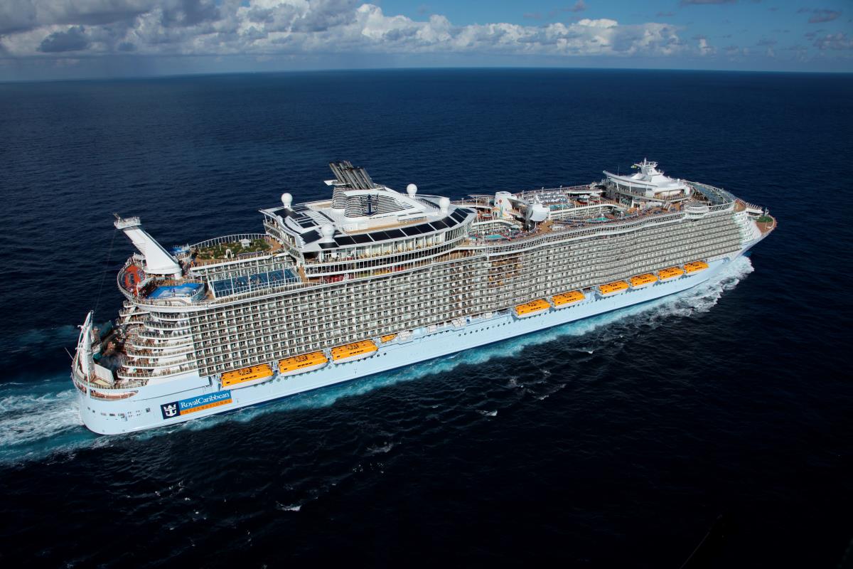 Royal Caribbean's Allure of the Seas, one of the largest cruise ships in the world, captured from an aerial angle as it sails the open sea. The ship's deck bustles with amenities, including an aqua theater and green spaces, against the vast backdrop of the ocean.