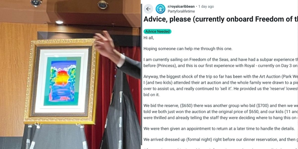 The image shows a framed painting being presented at an art auction on a cruise ship. The artwork features a colorful sunset over water, surrounded by vibrant greens and blues, with a golden frame adding an elegant touch. A well-dressed auctioneer gestures dramatically beside the painting, emphasizing its value. To the right, a screenshot of a Reddit post describes a passenger’s experience with an art auction on Freedom of the Seas, detailing their bidding process and subsequent concerns.