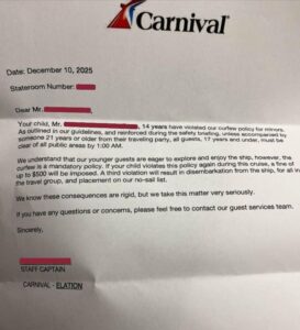 Printed Carnival Cruise Line letter notifying a guest of a minor curfew violation, with portions of names and details redacted.