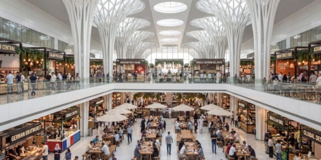 Multi-level food hall and market space planned for the Freedom Ship floating city.