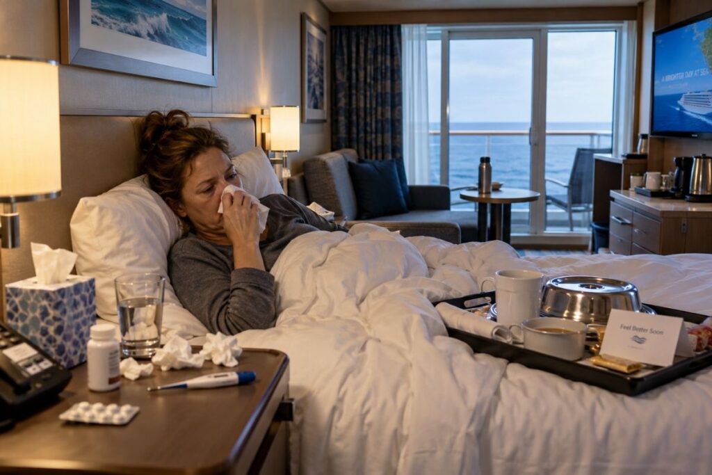 Sick cruise passenger rests in bed while quarantining in a cruise ship cabin, with tissues, water, medicine, and a room-service tray nearby.