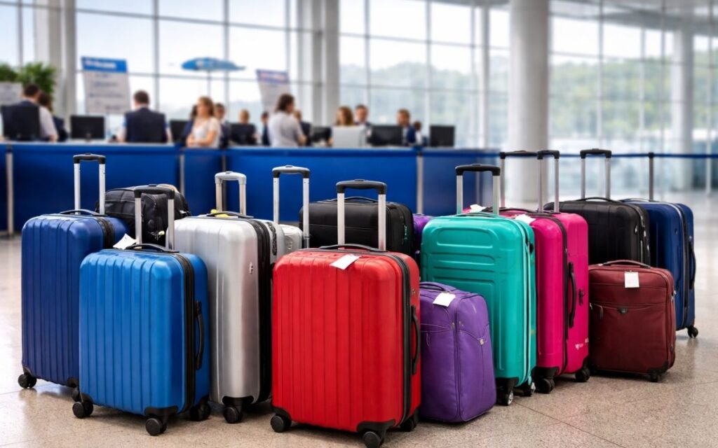 Suitcases lined up at a cruise terminal check-in area as passengers prepare to hand over luggage before boarding.