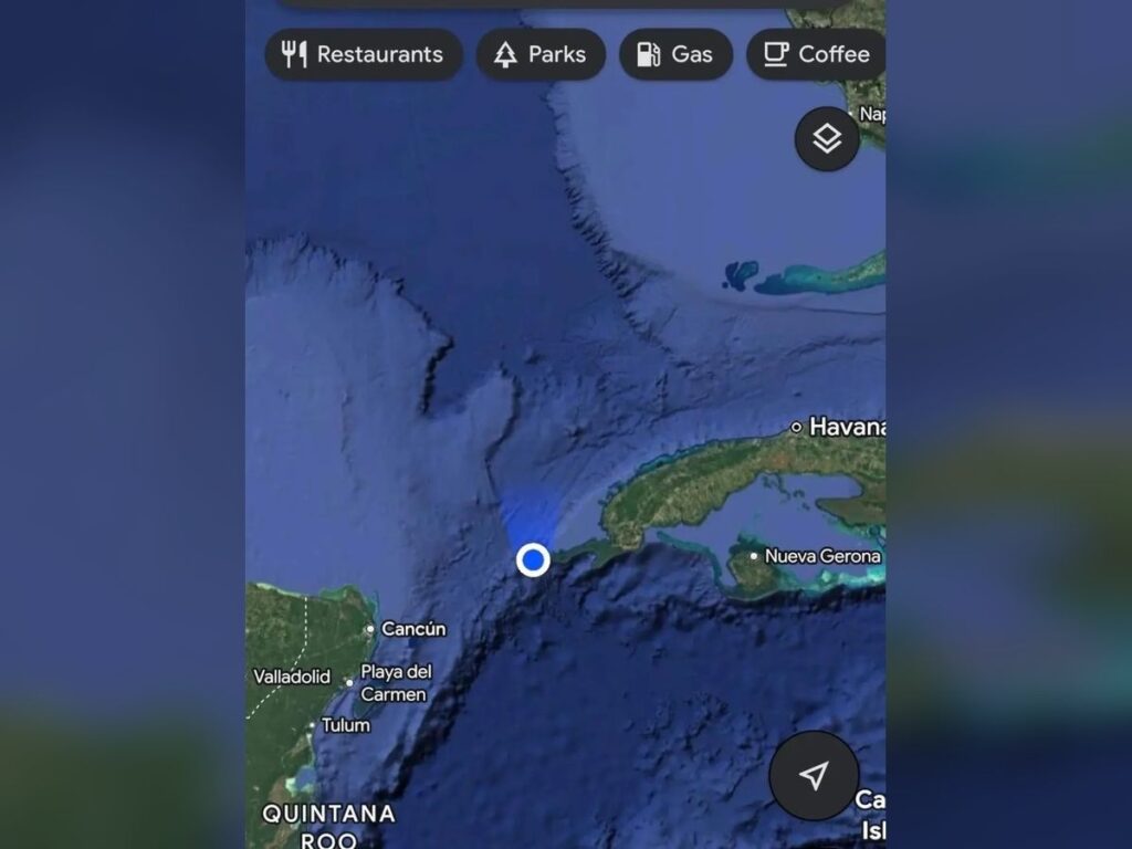 Map screenshot showing a blue location marker in the Gulf of Mexico between western Cuba and Mexico’s Yucatán Peninsula.