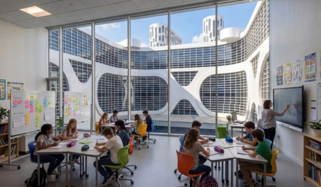 Classroom with students and teacher inside the proposed Freedom Ship school.