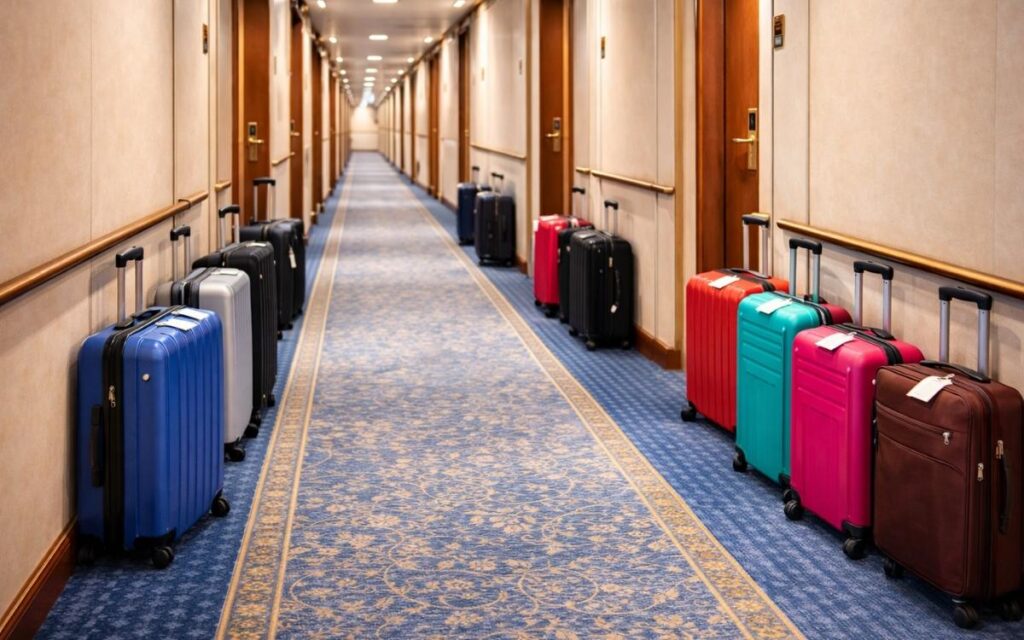 Suitcases lined up outside cruise ship staterooms in a hallway before luggage delivery is completed.