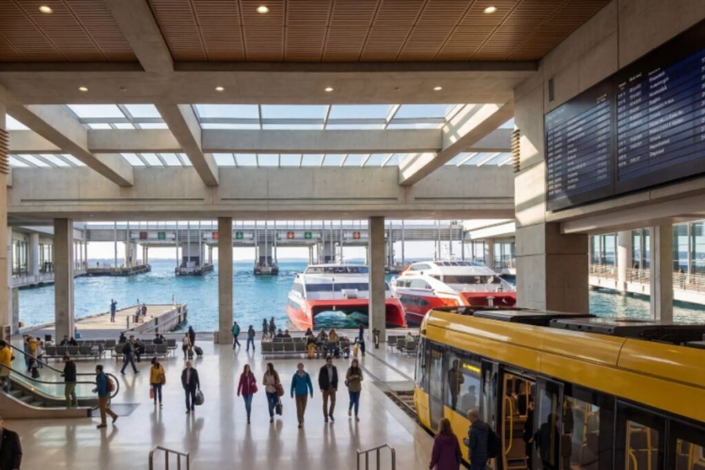 Transport hub with ferries and rail links designed for boarding and shore access on Freedom Ship.