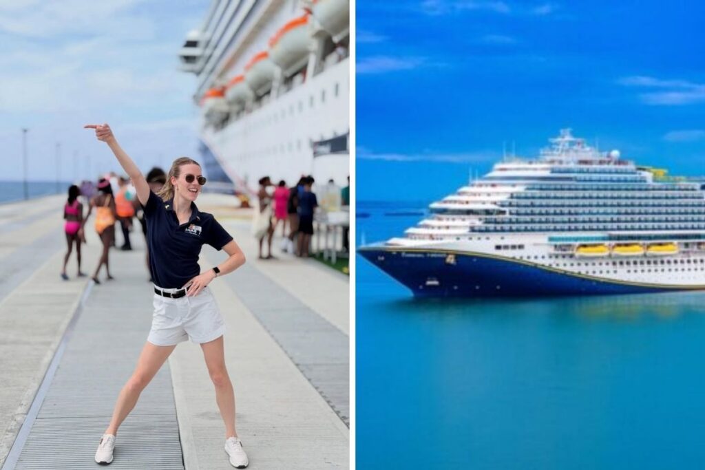 Sara Taskoski stands on a cruise pier in a navy polo and white shorts, pointing toward a Carnival ship, shown beside a second image of Carnival Firenze ship at sea.