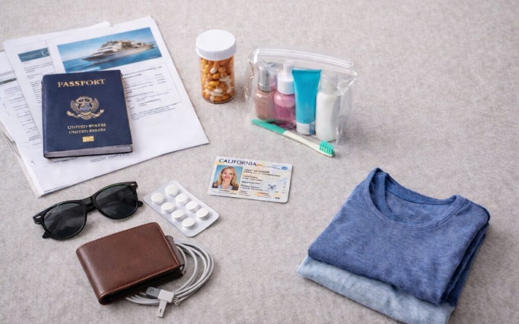 Travel essentials for a cruise carry-on including passport, ID, medication, toiletries, sunglasses, wallet, charger, and a change of clothes neatly arranged.