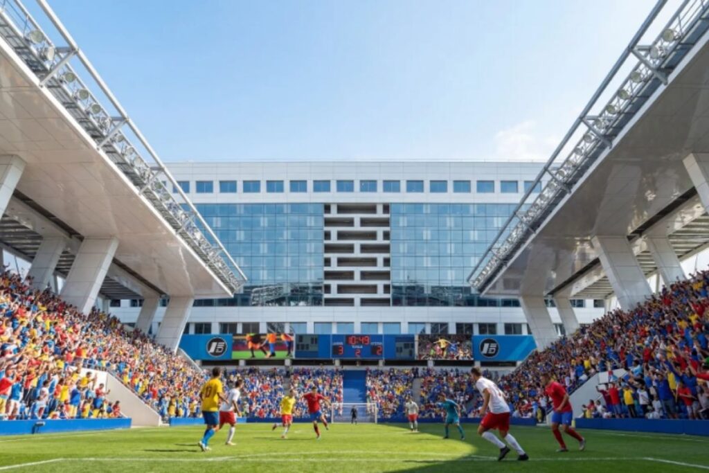 Open-air stadium built into the Freedom Ship concept with a soccer match underway.