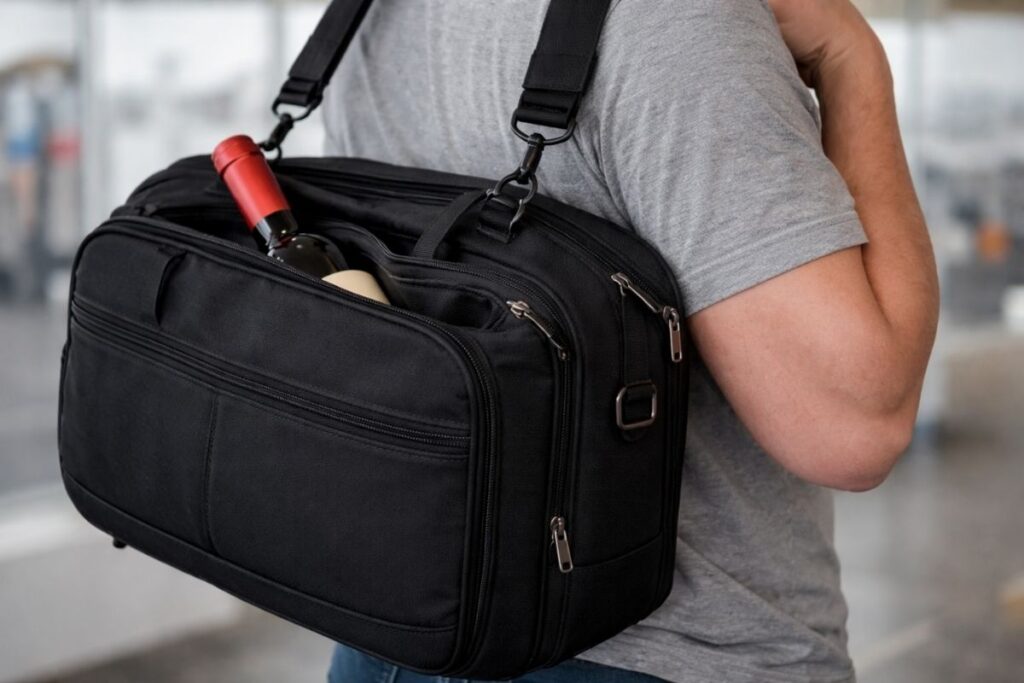 Carry-on bag over a traveler’s shoulder with a bottle of wine subtly visible inside the partially open zipper.