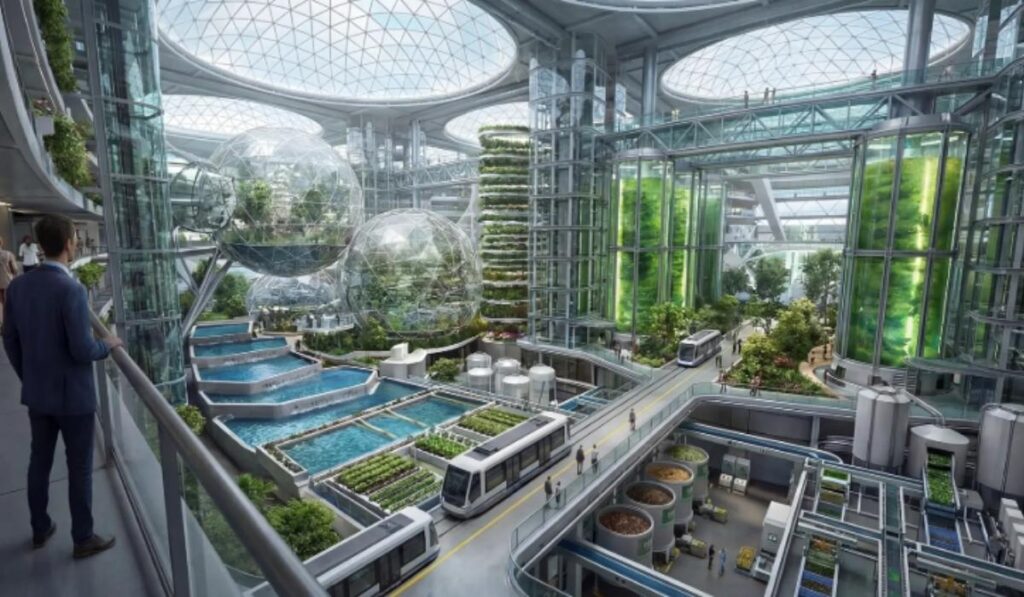 Indoor greenhouse, transit pods, and water features inside the Freedom Ship floating city.