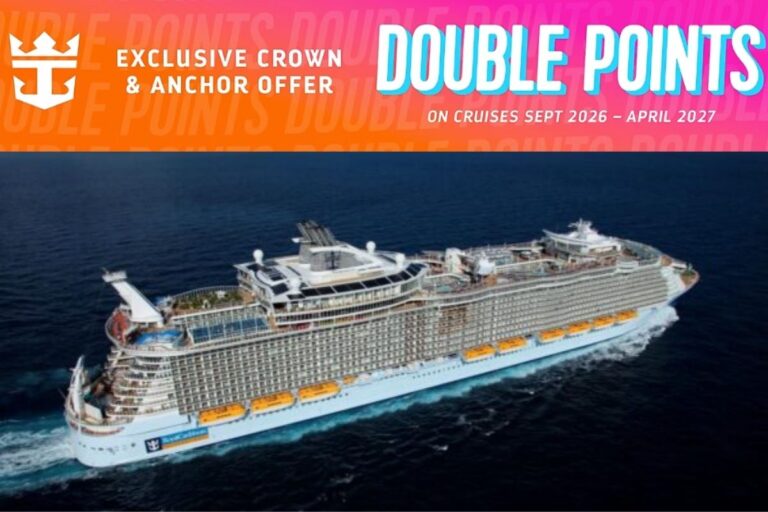 Royal Caribbean promotional graphic showing a large cruise ship sailing at sea beneath a bright pink and orange banner that reads “Exclusive Crown & Anchor Offer” and “Double Points on Cruises Sept 2026 – April 2027.”