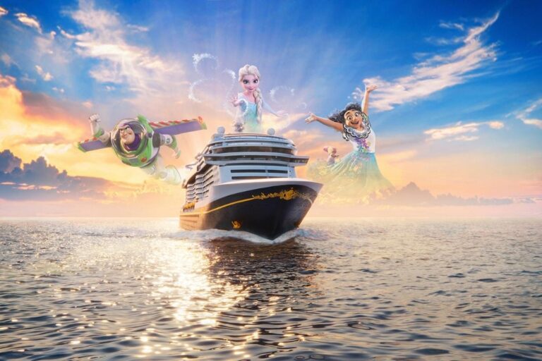 Disney Believe cruise ship sailing at sunset with Elsa from Frozen, Mirabel from Encanto, and Buzz Lightyear from Toy Story appearing above the ship.