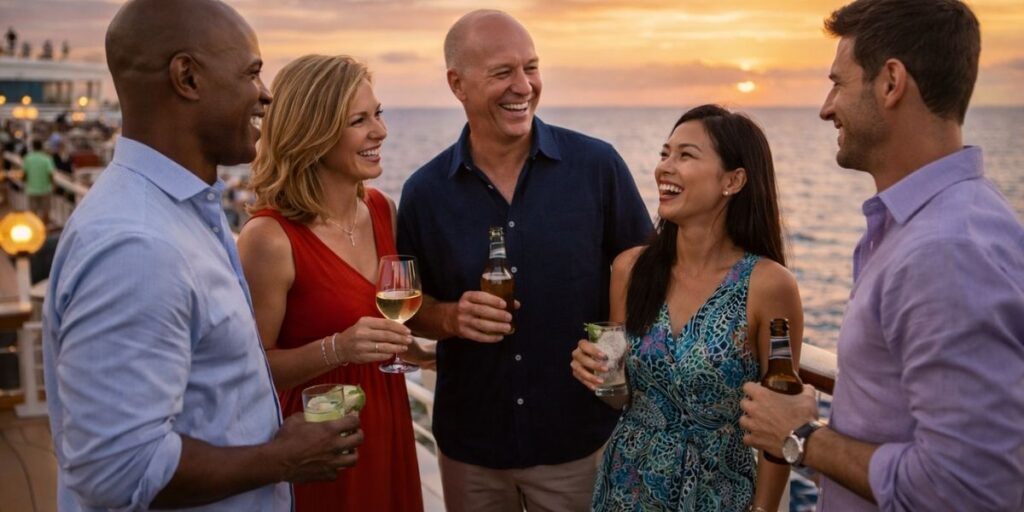 Five adults laughing and chatting with drinks on a cruise ship deck at sunset with the ocean behind them.