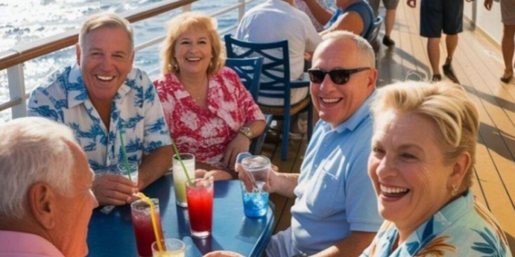Group of older cruise passengers sitting together outdoors on deck, smiling and holding colorful drinks while enjoying the sea view.