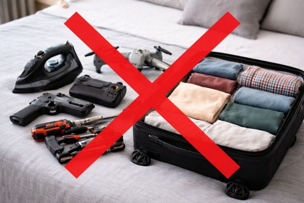 Prohibited items like an iron, drone, tools, and weapon placed next to a suitcase with a red X indicating they are not allowed on a cruise.