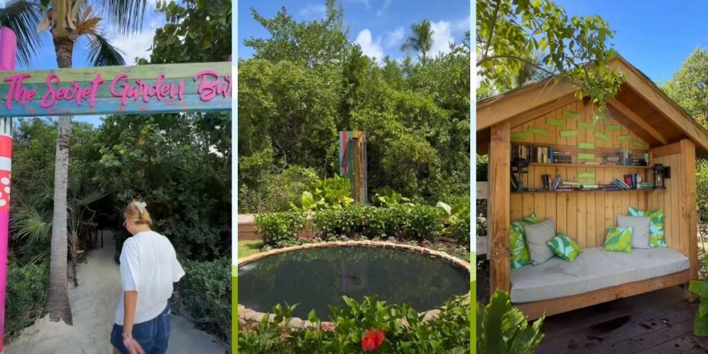 Three-image collage of Royal Caribbean’s Secret Garden Bar at Perfect Day at CocoCay, showing the leafy entrance sign and sandy path, a small reflecting pool surrounded by tropical plants, and a cozy wooden reading nook with bookshelves, cushions, and open-air seating.