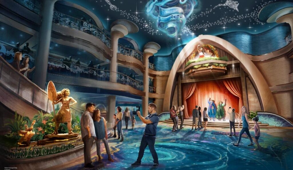Artist rendering of the Moana-inspired Grand Hall aboard Disney Believe, featuring a Moana statue, ocean-themed ceiling, and live entertainment.