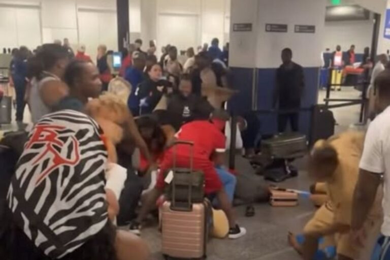Several people appear to be fighting in a busy cruise terminal while other passengers and suitcases crowd the area.