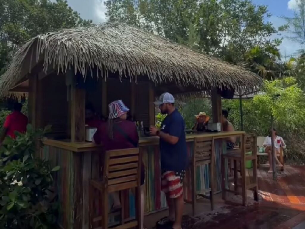Guests stand and sit around a small tiki-style bar with a thatched roof at Royal Caribbean’s Secret Garden Bar on Perfect Day at CocoCay, surrounded by tropical greenery and a quiet wooden deck.