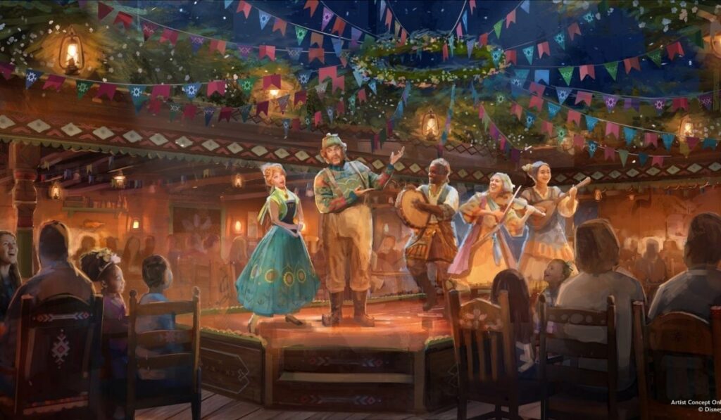 Artist rendering of Oaken's Table aboard Disney Believe, showing Anna, Oaken, and musicians performing in the Frozen-themed dining room.