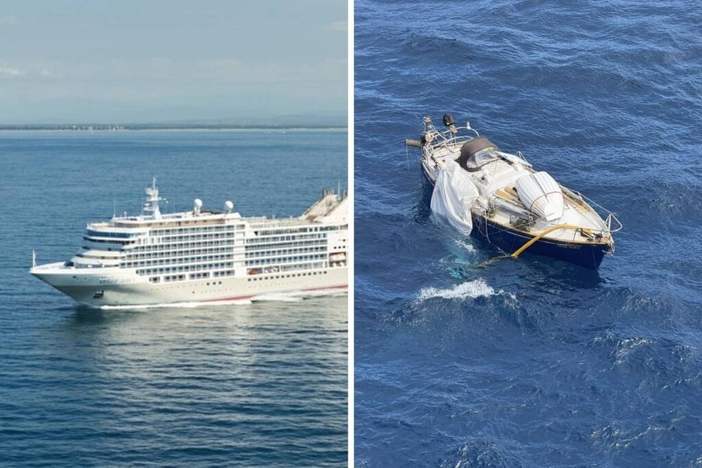 Silversea cruise ship sailing on open water and disabled sailboat April Alice adrift at sea shown side by side in split image during rescue operation at sea.