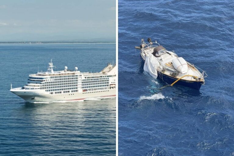 Silversea cruise ship sailing on open water and disabled sailboat April Alice adrift at sea shown side by side in split image during rescue operation at sea.