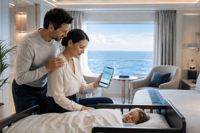 A couple in a bright cruise ship cabin stand beside a sleeping child in a crib while the mother holds up a smartphone displaying a baby monitor app, with the ocean visible through the large window behind them.
