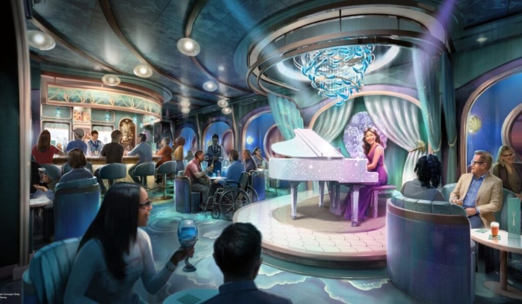 Artist rendering of the Little Mermaid-inspired Sea Notes lounge aboard Disney Believe, featuring a white piano, ocean-themed decor, and guests enjoying drinks.