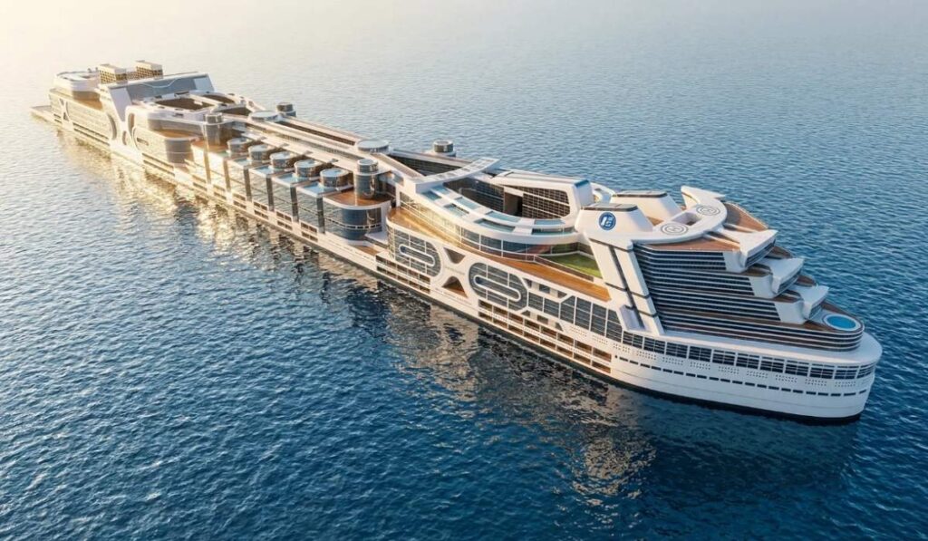 Rendering of Freedom Ship, a mile-long floating city concept, sailing at sea.