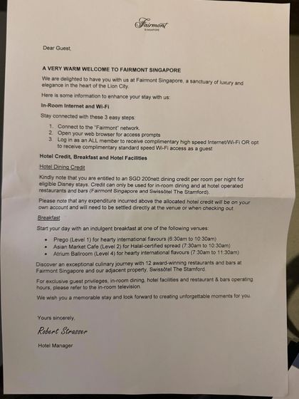 Fairmont Singapore welcome letter given to Disney Adventure passengers after the canceled sailing in Singapore.