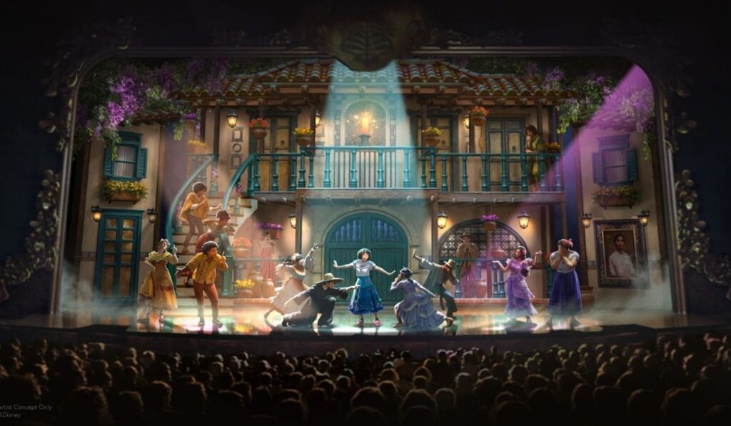 Artist rendering of the Disney Encanto stage musical aboard Disney Believe, featuring Mirabel and the Madrigal family performing in front of their magical home.