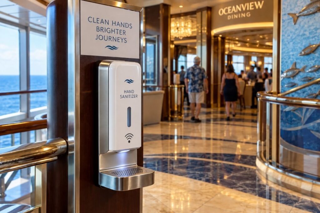 Automatic hand sanitizer dispenser stands outside a cruise ship dining area, with passengers walking nearby.