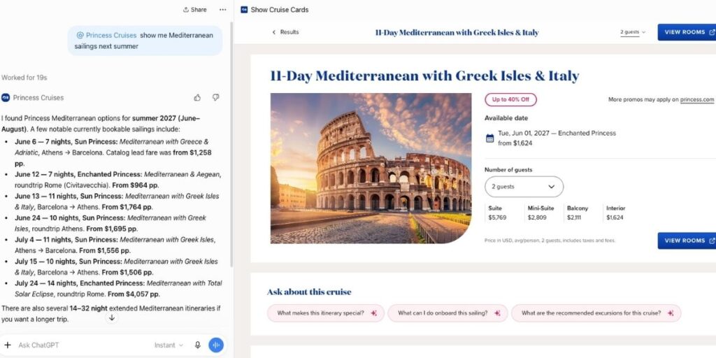 Princess Cruises app in ChatGPT showing Mediterranean cruise options, pricing and itinerary details.
