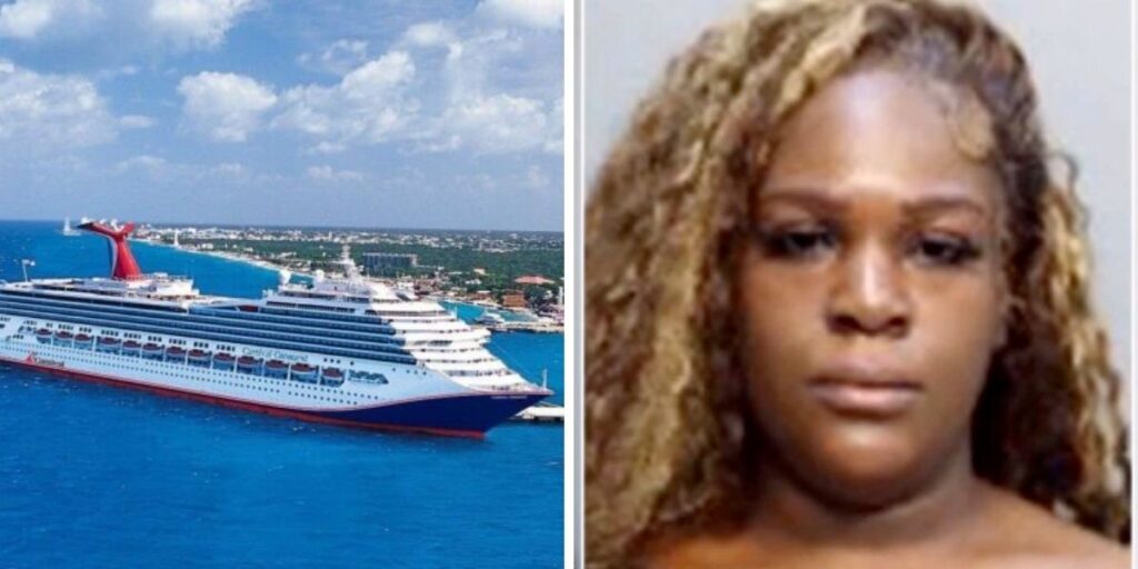 Carnival Conquest docked in port alongside an image of Nathalie Belizaire, who was arrested after returning from a three-night Carnival cruise.
