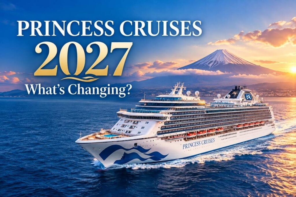 Princess Cruises ship sailing at sunset with Mount Fuji in the background and “Princess Cruises 2027 — What’s Changing?” text.