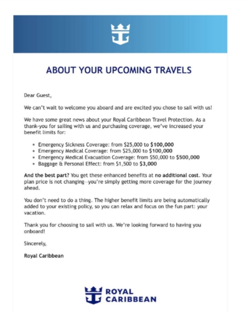 Royal Caribbean letter informing guests about increased Travel Protection Program coverage limits, including higher medical, evacuation, and baggage benefits.