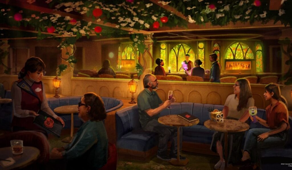 Artist rendering of the Snow White-inspired Wishing Well lounge aboard Disney Believe, featuring red apples, white blossoms, stained-glass windows, and guests enjoying drinks.