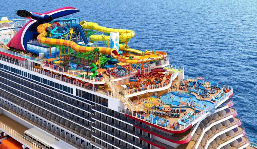 Rendering of Carnival Festivale’s upper deck water park with colorful slides, pools, and ocean views.