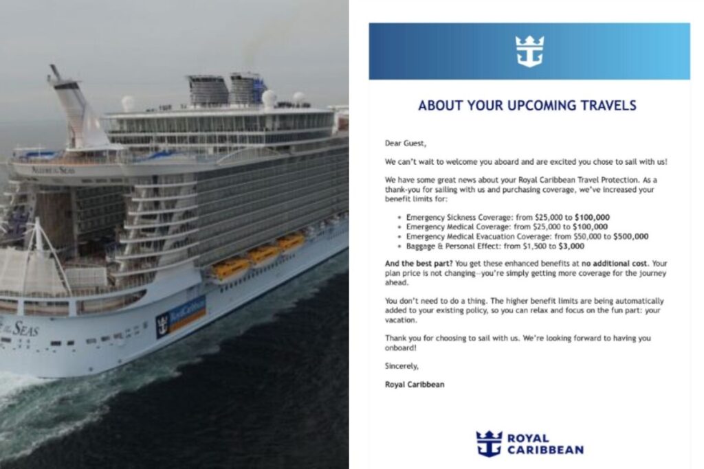 Royal Caribbean cruise ship beside a letter explaining updated Travel Protection Program coverage limits for medical care, evacuation, and baggage.