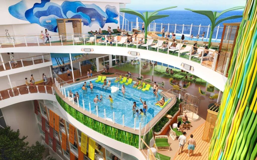 Rendering of Coconut Cove on Hero of the Seas, featuring a suspended pool, loungers, and open deck space overlooking the ocean.