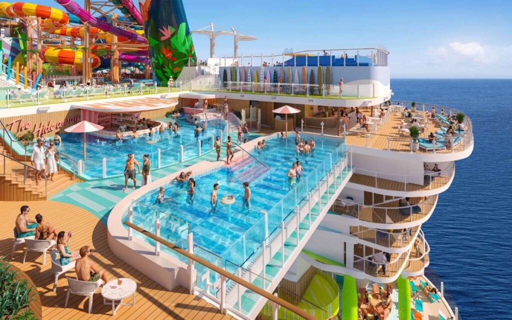 Rendering of The Hideaway on Hero of the Seas with tiered pools, lounge seating, and ocean views at the back of the ship.