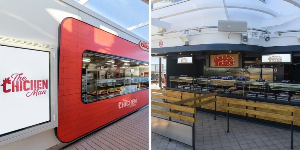 Split screen image of The Chicken Man counter and Red Cactus BBQ & Ribs serving area, two new complimentary grab-and-go dining venues on MSC Seashore.