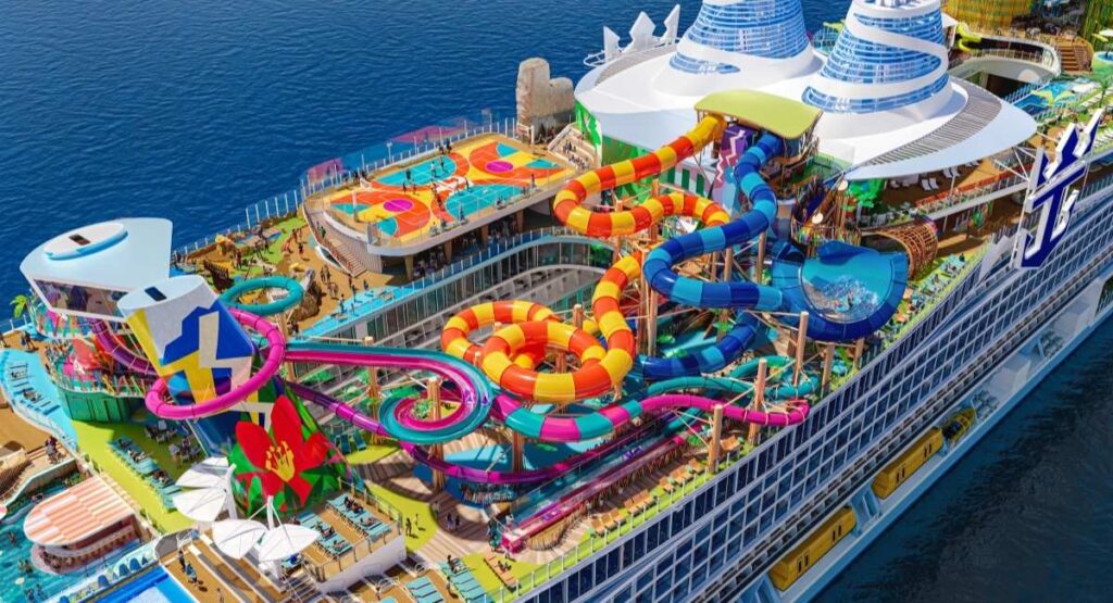 Rendering of Category 6 on Hero of the Seas, showing colorful twisting waterslides and the ship’s upper-deck thrill zone.