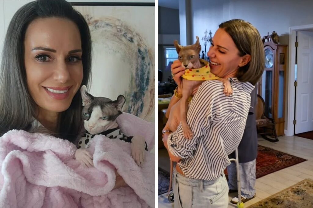 Captain Kate McCue pictured in two photos with sphynx cats, cuddling one wrapped in a pink blanket and holding another wearing a yellow outfit inside a home.