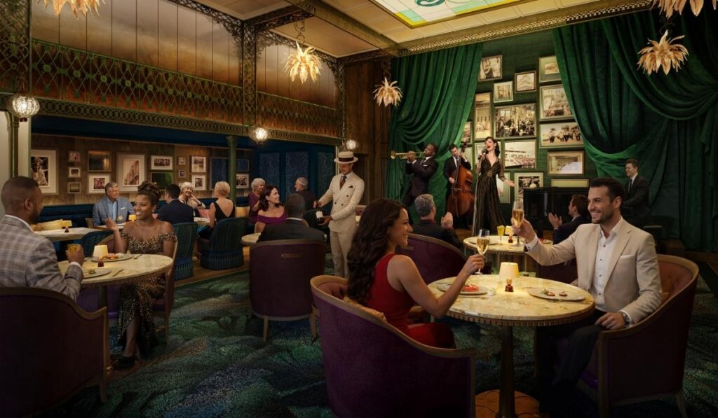 Rendering of the Orleans Parish Supper Club on Hero of the Seas, with guests dining while live jazz musicians perform.